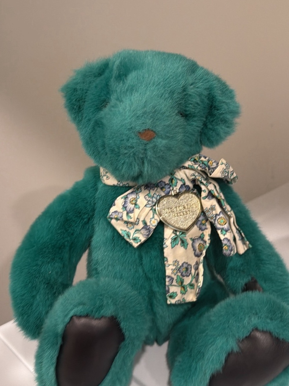 Victoria's Secret Teal Plush Bear with Floral Bow and Heart Medallion